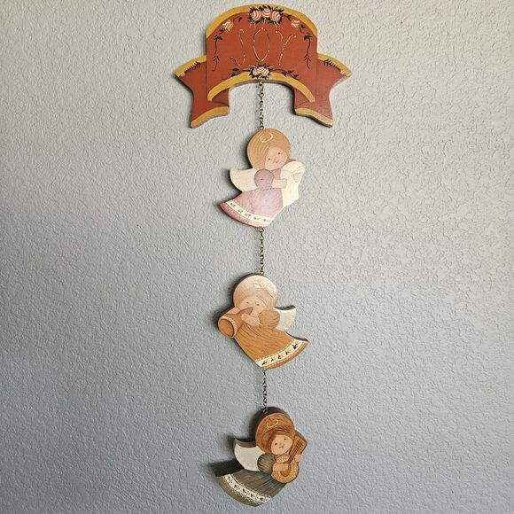 Angel Wood Wall Hanging Hand Painted Tole Vtg Christmas JOY Angels Handmade - Picture 1 of 14